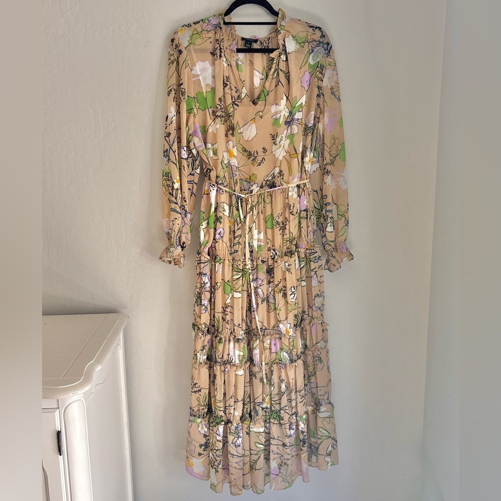Halogen Floral Chiffon Long Sleeve Tiered Long Dress Tie-waist, Sand XL